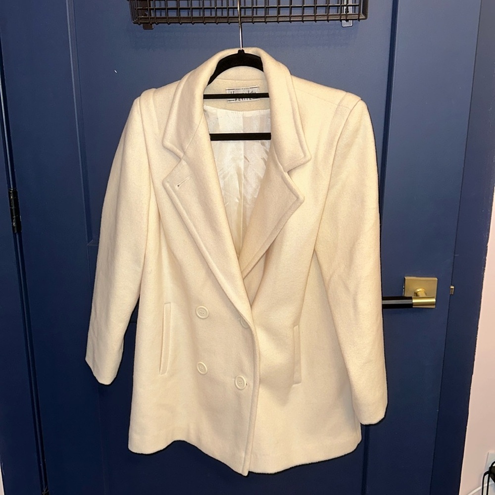 Herman Kay Cream 100% Wool Double Breasted Coat Petites Size 8/10P ILGWU Made